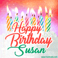 Happy Birthday GIF for Susan with Birthday Cake and Lit Candles