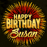 Golden 'Happy Birthday Susan' text accompanied by animated rainbow fireworks for a festive animated greeting.