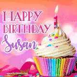 A vibrant birthday GIF featuring a rainbow-colored cupcake topped with white frosting, sprinkles, and a lit candle. The text reads 'Happy Birthday Susan' in bold pink and violet letters with white outline.