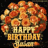Animated bouquet of orange roses with moving butterfles and golden 'Happy Birthday Susan' text, surrounded by sparkling accents and a dark backdrop for a luxurious feel.
