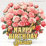 Golden 'Happy Birthday Susan' text beneath a vibrant bouquet of orange roses, complete with glittering butterflies and sparkling details.