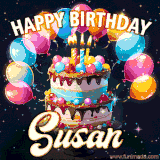 Bright birthday animation for Susan with a chocolate cake, candles, balloons, and glowing celebratory lights.