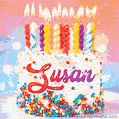 Personalized for Susan elegant birthday cake adorned with rainbow sprinkles, colorful candles and glitter