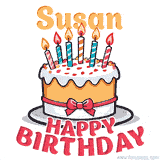 Cartoon birthday cake with a red bow, glowing candles, and 'Susan Happy Birthday' text in bold animated style.