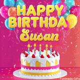 Pink-themed animated greeting with balloons, confetti, and a frosted cake under the message 'Happy Birthday Susan' in bold rounded yellow font.