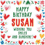A colorful animated card for Susan’s birthday featuring playful hearts, cheerful flowers, and a handwritten message wishing smiles and sunshine.