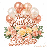 Stylish pink and gold Happy Birthday Susan animation with floral decor