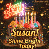 Warm flickering candles on top of a chocolate glaze cake with Susan's name in elegant writing.