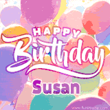 A vibrant name GIF featuring colorful balloons in shades of pink, orange, and yellow with the bold text 'Happy Birthday Susan' in festive fonts, creating a lively birthday vibe.