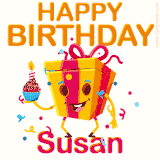 A vibrant and funny gift box character with a happy face dancing with a cupcake and the text 'Happy Birthday Susan,' surrounded by animated confetti and party vibes.