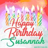 Bright birthday candles with rainbow flames on a cake, alongside the text 'Happy Birthday Susannah' in vibrant script in this celebratory animated GIF.