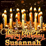 A glowing personalized birthday GIF with name Susannah featuring lit candles with intricate designs, warm lighting, and the text 'Happy Birthday' in an elegant font.