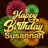 Golden text reading 'Happy Birthday Susannah' surrounded by vibrant fireworks in red, green, and yellow, set against a dark background in this celebratory birthday GIF.