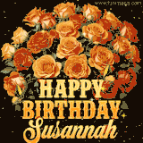 Animated bouquet of orange roses with moving butterfles and golden 'Happy Birthday Susannah' text, surrounded by sparkling accents and a dark backdrop for a luxurious feel.