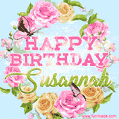 A charming animated GIF featuring 'Happy Birthday Susannah' in pink and green text, surrounded by delicate roses, leaves, and fluttering butterflies on a soft light blue pastel background.