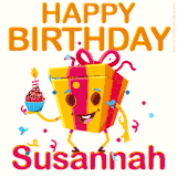 A vibrant and funny gift box character with a happy face dancing with a cupcake and the text 'Happy Birthday Susannah,' surrounded by animated confetti and party vibes.