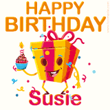A vibrant and funny gift box character with a happy face dancing with a cupcake and the text 'Happy Birthday Susie,' surrounded by animated confetti and party vibes.