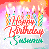 Bright birthday candles with rainbow flames on a cake, alongside the text 'Happy Birthday Susumu' in vibrant script in this celebratory animated GIF.