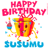 A vibrant and funny gift box character with a happy face dancing with a cupcake and the text 'Happy Birthday Susumu,' surrounded by animated confetti and party vibes.