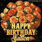 Animated bouquet of orange roses with moving butterfles and golden 'Happy Birthday Sutton' text, surrounded by sparkling accents and a dark backdrop for a luxurious feel.