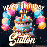 Bright birthday animation for Sutton with a chocolate cake, candles, balloons, and glowing celebratory lights.