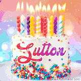 A cheerful white birthday cake with multicolor sprinkles, lit candles, and 'Sutton' written in vibrant letters, in an animated GIF.