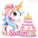 An adorable animated unicorn with soft pastel colors sits beside a birthday cake with glowing candles, and a pink 'Happy Birthday Sutton!' words.