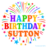 Happy Birthday Sutton' GIF with rainbow-colored letters, colorful stars, and fireworks on white background.