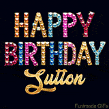 Vibrant luxury birthday greeting card for Sutton, showing glittering gemstone letters and golden calligraphy on a dark background with twinkling shine effects.