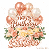 Classy Happy Birthday Sutton looping GIF with pastel balloons and greenery