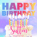Animated Happy Birthday Cake with Name Sutton and Burning Candles
