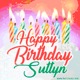 Bright birthday candles with rainbow flames on a cake, alongside the text 'Happy Birthday Suttyn' in vibrant script in this celebratory animated GIF.