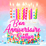 A white birthday cake covered in colorful sprinkles, topped with bright candles, and French text 'Bon Anniversaire Suttyn' on a pastel gradient background in an animated GIF.