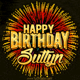 Golden 'Happy Birthday Suttyn' text accompanied by animated rainbow fireworks for a festive animated greeting.