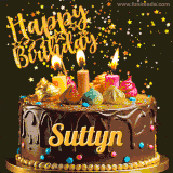 A delightful chocolate birthday cake with bright candles and 'Happy Birthday Suttyn' written in gold amidst a shower of animated stars.