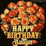 Animated bouquet of orange roses with moving butterfles and golden 'Happy Birthday Suttyn' text, surrounded by sparkling accents and a dark backdrop for a luxurious feel.