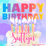A vibrant animated name GIF with the words 'Happy Birthday Suttyn' with colorful candles on a creamy cake. The background sparkles with pastel shades, adding a festive touch.