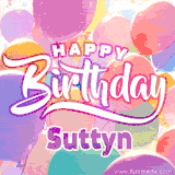 A vibrant name GIF featuring colorful balloons in shades of pink, orange, and yellow with the bold text 'Happy Birthday Suttyn' in festive fonts, creating a lively birthday vibe.