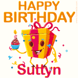 A vibrant and funny gift box character with a happy face dancing with a cupcake and the text 'Happy Birthday Suttyn,' surrounded by animated confetti and party vibes.
