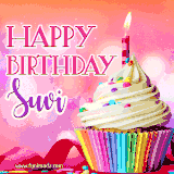 A vibrant birthday GIF featuring a rainbow-colored cupcake topped with white frosting, sprinkles, and a lit candle. The text reads 'Happy Birthday Suvi' in bold pink and violet letters with white outline.