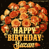 Animated bouquet of orange roses with moving butterfles and golden 'Happy Birthday Suzan' text, surrounded by sparkling accents and a dark backdrop for a luxurious feel.