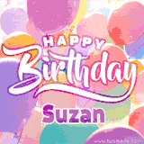 A vibrant name GIF featuring colorful balloons in shades of pink, orange, and yellow with the bold text 'Happy Birthday Suzan' in festive fonts, creating a lively birthday vibe.