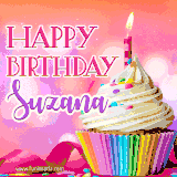 A vibrant birthday GIF featuring a rainbow-colored cupcake topped with white frosting, sprinkles, and a lit candle. The text reads 'Happy Birthday Suzana' in bold pink and violet letters with white outline.