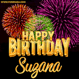 A golden 'Happy Birthday Suzana' message with vibrant fireworks in the background, creating a festive and celebratory vibe in this animated name GIF.