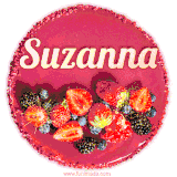 Beautifully decorated red velvet berry birthday cake with vibrant fruits and a glowing 'Suzanna' name, adding a touch of sweetness and sparkle.
