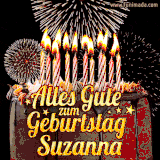 A chocolate birthday cake with glowing candles, the German text 'Alles Gute zum Geburtstag Suzanna,' and vibrant fireworks lighting up the background in an animated GIF.