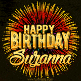 Golden 'Happy Birthday Suzanna' text accompanied by animated rainbow fireworks for a festive animated greeting.