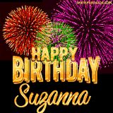 A golden 'Happy Birthday Suzanna' message with vibrant fireworks in the background, creating a festive and celebratory vibe in this animated name GIF.