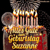 A chocolate birthday cake with glowing candles, the German text 'Alles Gute zum Geburtstag Suzanne,' and vibrant fireworks lighting up the background in an animated GIF.
