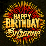Golden 'Happy Birthday Suzanne' text accompanied by animated rainbow fireworks for a festive animated greeting.
